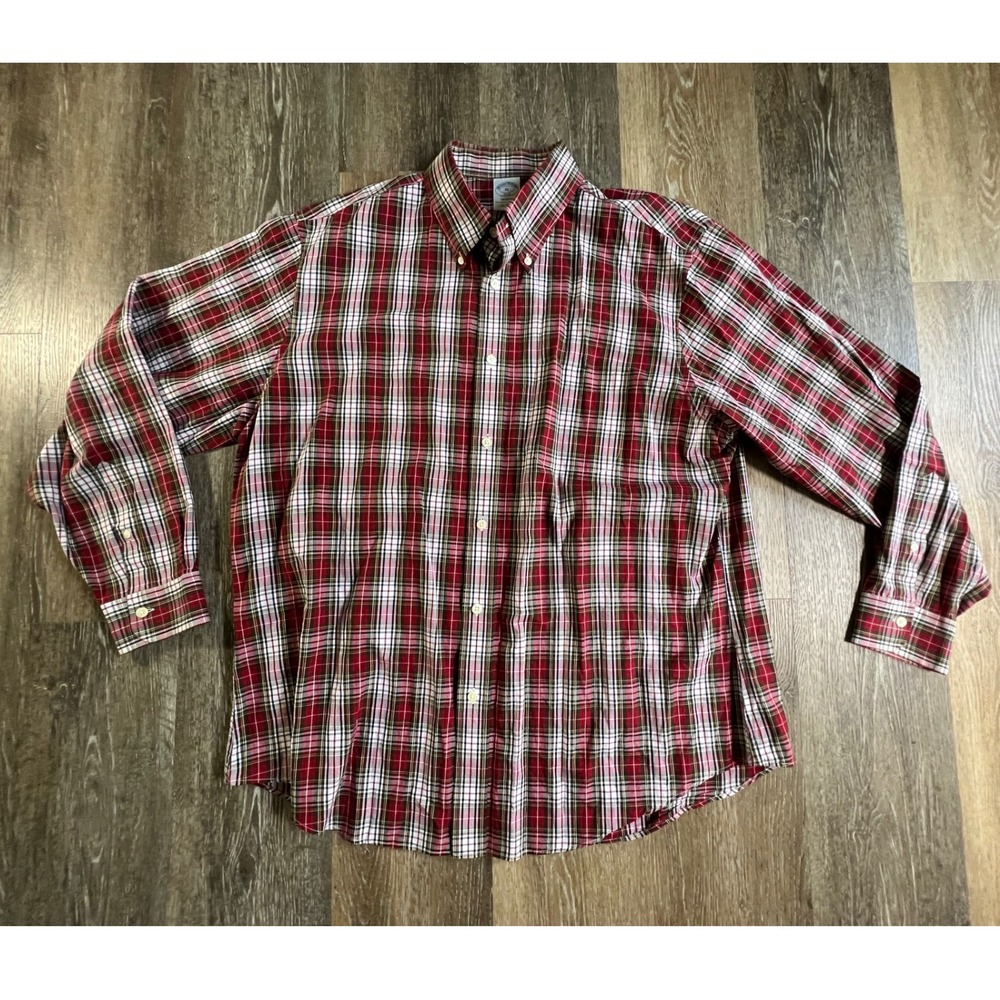 Brooks Brothers Button Down Shirt Mens XL Red Plaid Regent Fit Long Sleeve Cotto
